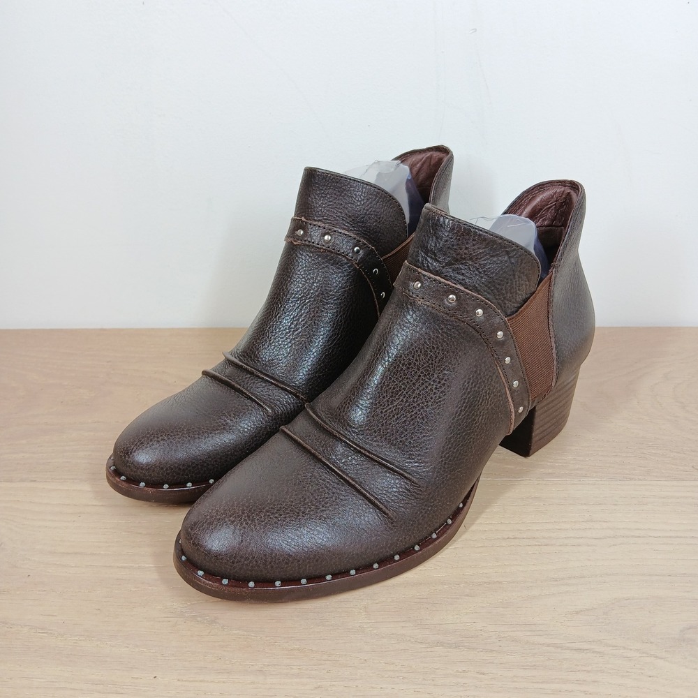 Earth Ankle Bootie Women 10 Brown Leather Studded Block Heel Pull On